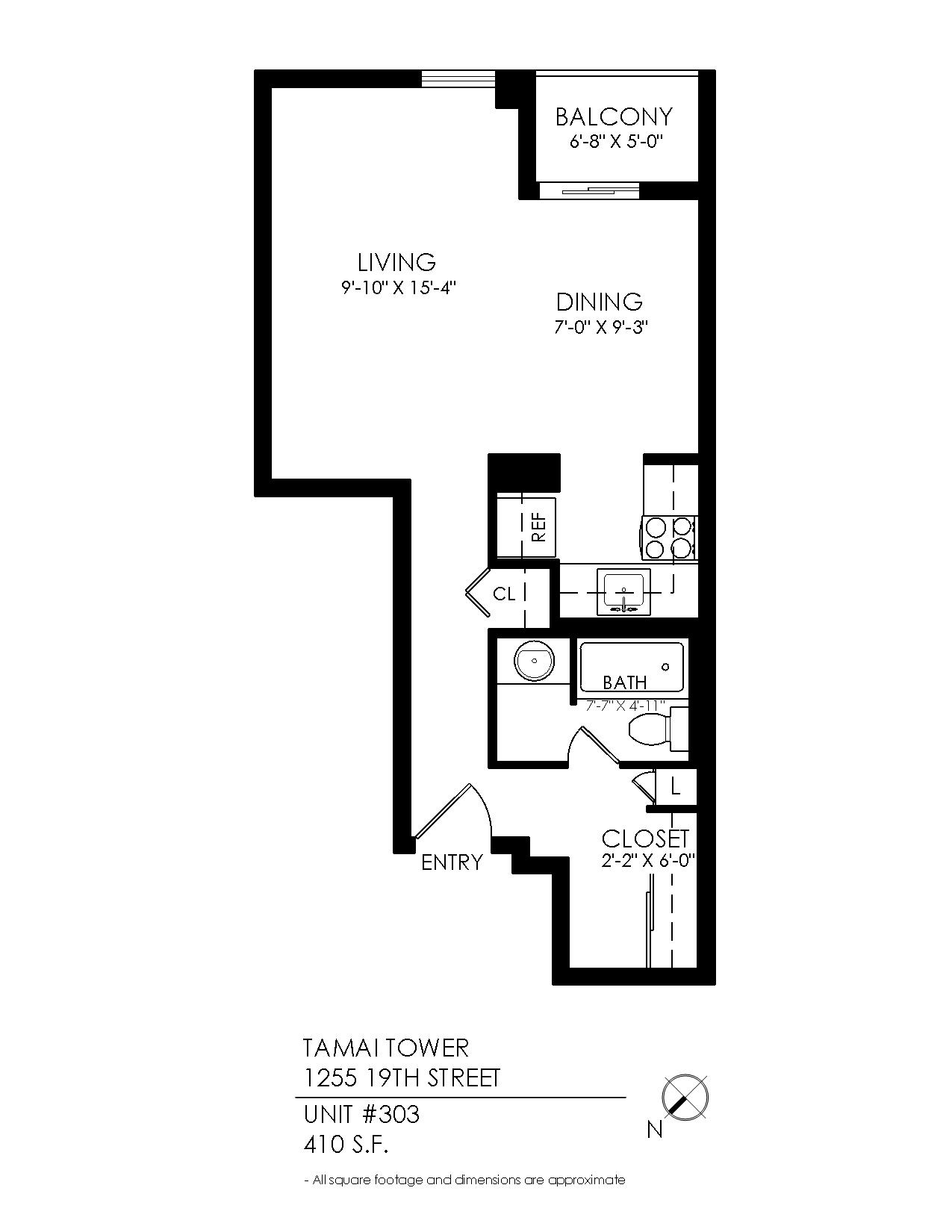 Floor plan for 1 bed, 1 bath, 715 sqft